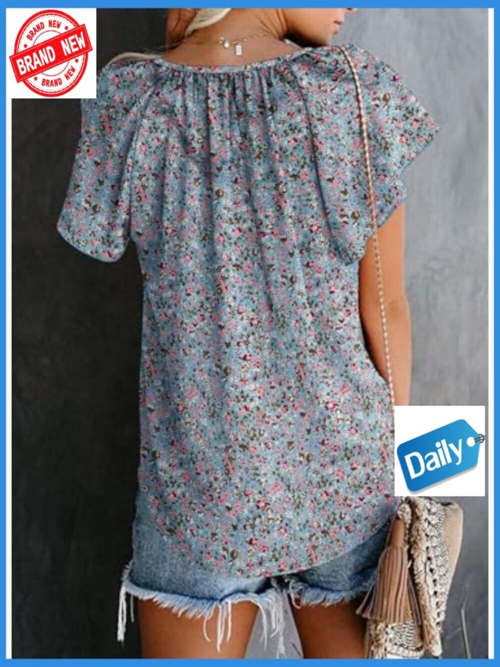 Boho Floral V-Neck Short Sleeve Blouse, Loose Fit, 100% Polyester Chiffon - Picture 5 of 7